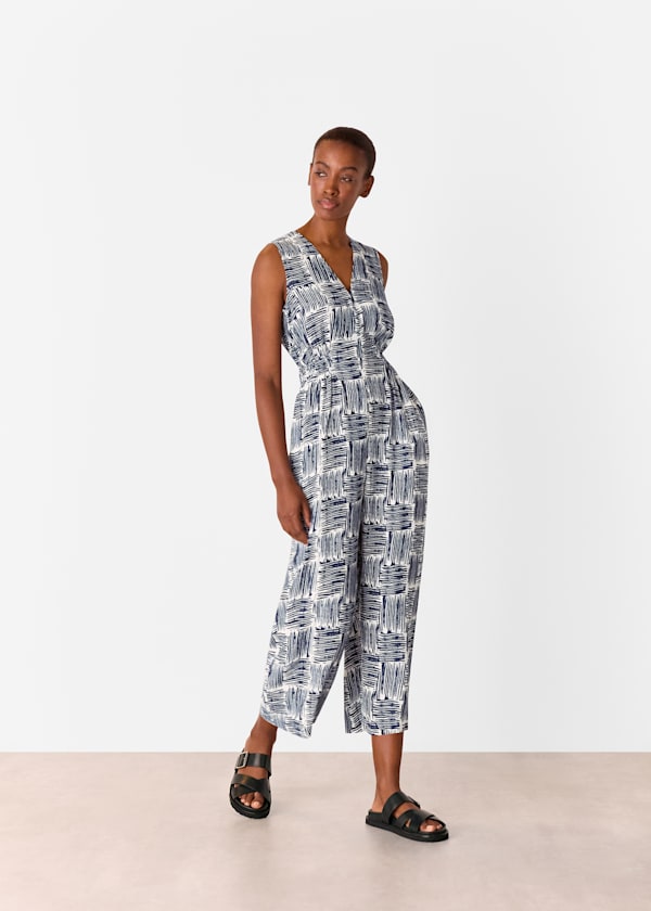 Navy Petite Hatch Squares Jumpsuit