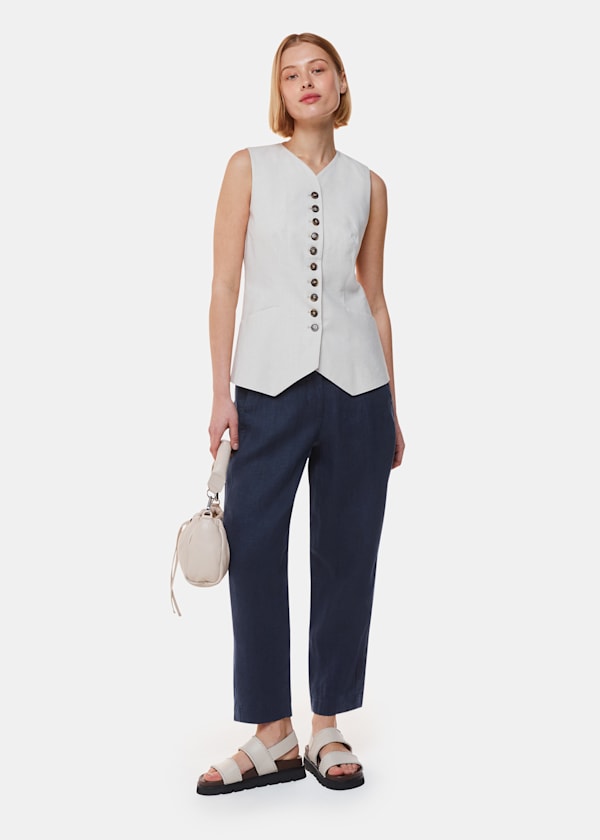 Navy Linen Barrel Leg Trouser