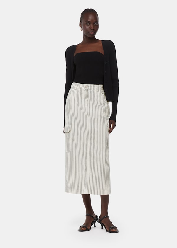 White Stripe Cargo Midi Skirt