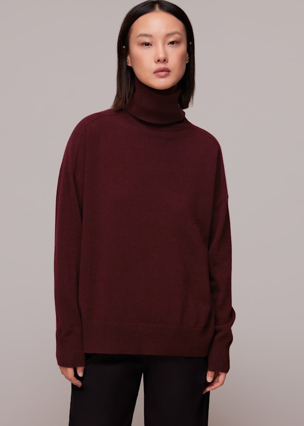 Burgundy Cashmere Roll Neck Jumper