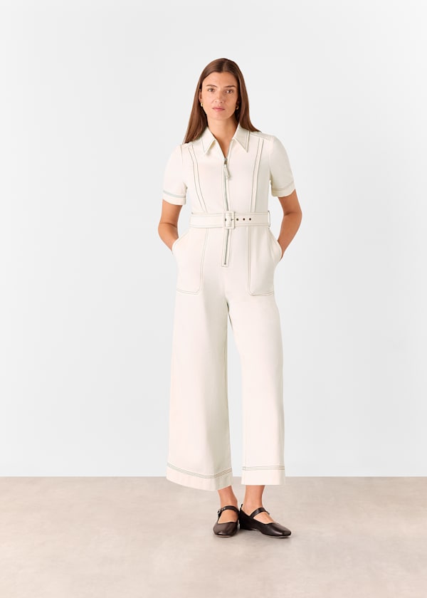 Denim Pintuck Belted Jumpsuit