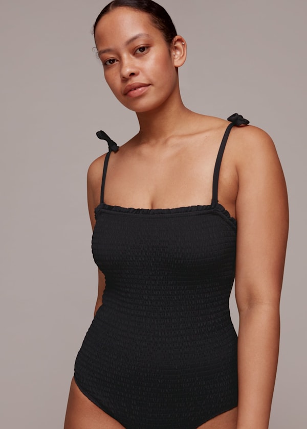 Black Shirred Tie Strap Swimsuit