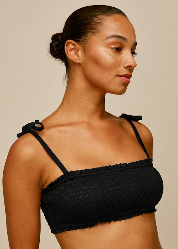 Black Shirred Tie Strap Bikini Top